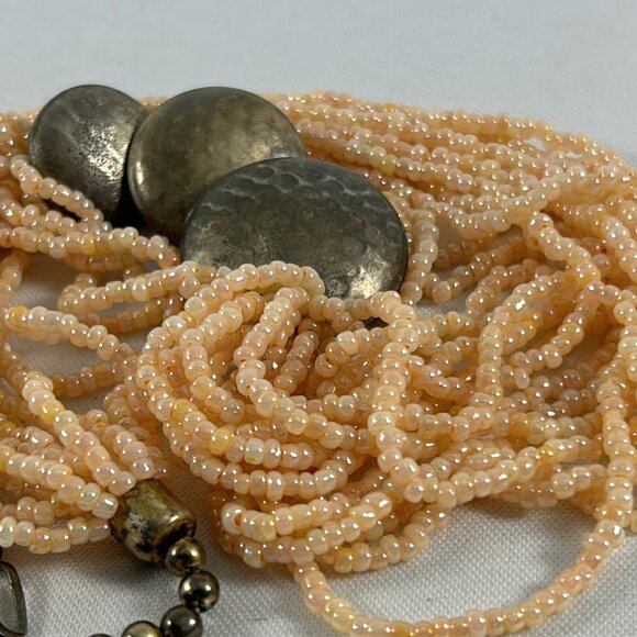 Pale Pink Seed Bead Necklace Multi Strand Silver Tone Beads Iridescent 20" Long - Picture 8 of 10